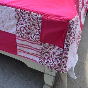 Bed canopy or bed skirt, patchwork, handmade, pink & white, est. queen size